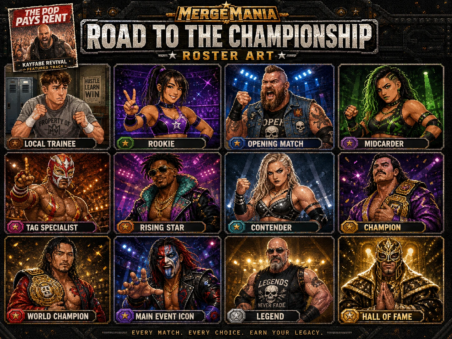 MergeMania Road to the Championship wrestler roster progression from Local Trainee to Hall of Fame